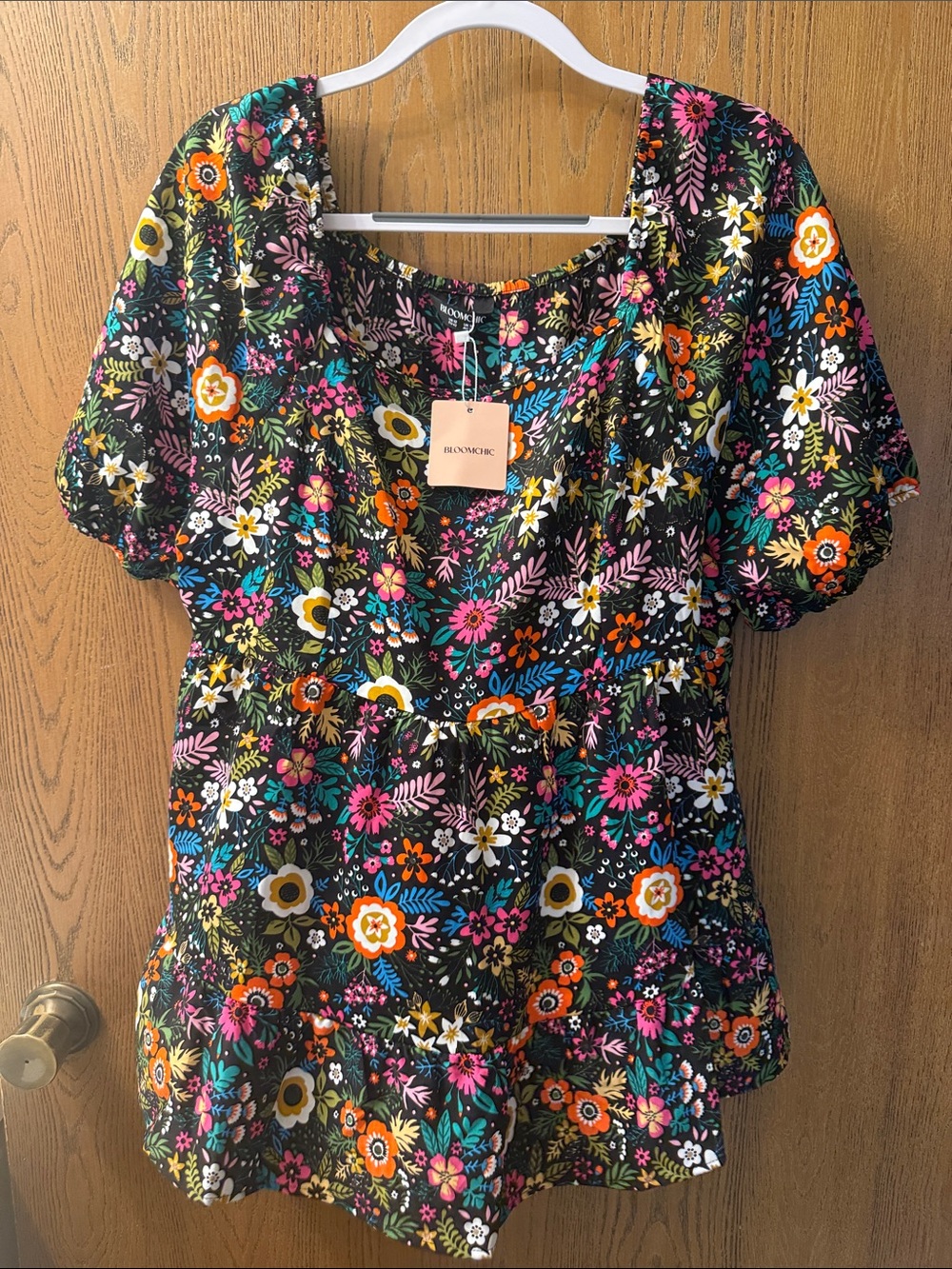 BloomChic Black Floral Puff-Sleeve Peplum Top